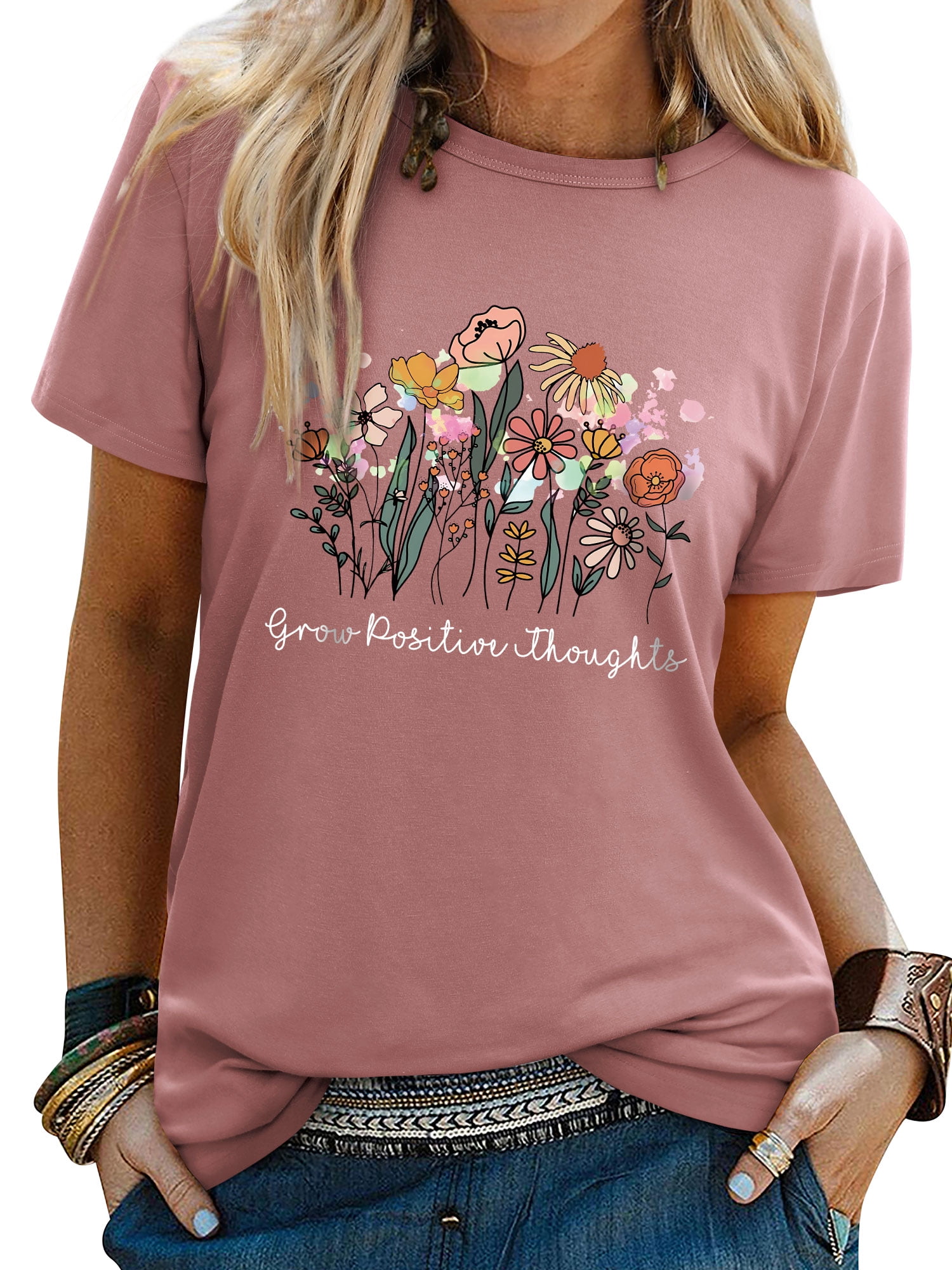 ZXSXSY Women's Graphic Tees Positive Thoughts Floral Letter Print