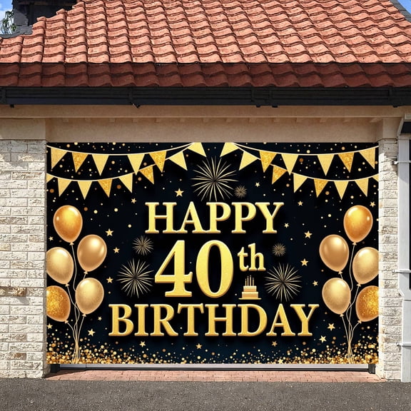 Golden Theme Happy 40th Birthday Banner Black Background 40th Birthday Display Glittery Design Balloon Decor Birthday Party Backdrop for 40th Birthday Party Adult Gathering Family Celebration