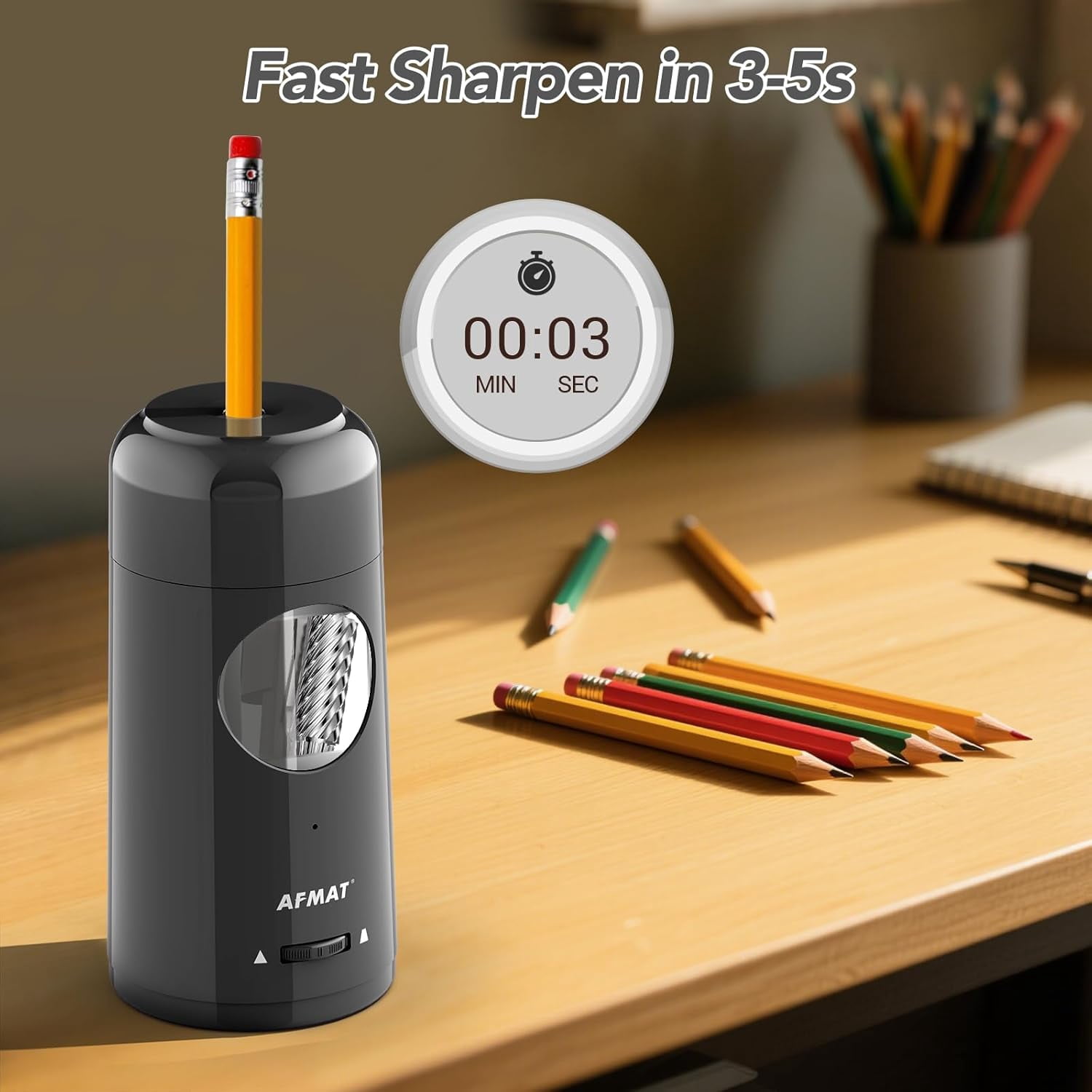 AFMAT Electric Pencil Sharpener, Rechargeable Fully Automatic Pencil Sharpener for Jumbo & Colored Pencils (7-11.5mm), Auto in/Out, Hands-Free, Portable for Home/Classroom/Office,Black