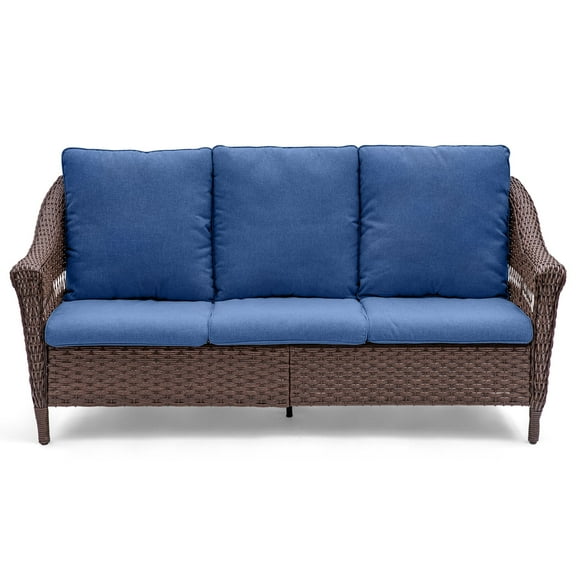 Yeahumalia Outdoor 3 Seats Sofa, Patio Rattan Wicker Couch with Cushions, Navy