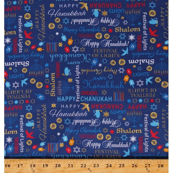 Cotton Hanukkah Holiday Words Shalom Chanukah Menorah Jewish Festive Royal Blue Cotton Fabric Print by the Yard (09951-50)