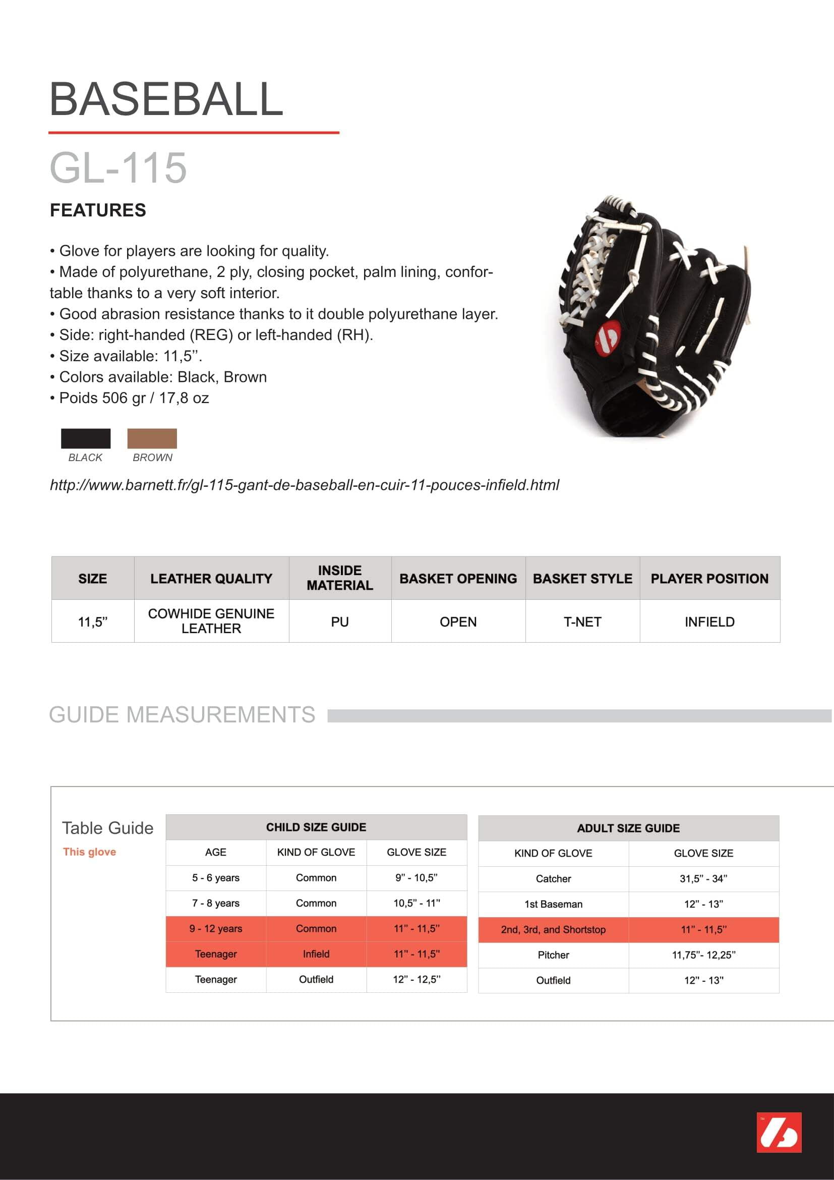 barnett 11.5" GL-115 Series Infield Baseball Glove, Left Hand Throw