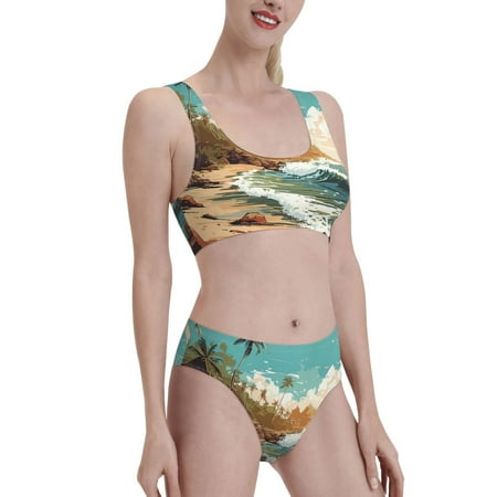 Uemuo Coastal Palm Beach Printed Women s High Waisted Bikini Sets Sporty Two Piece Swimsuits Color Block Cheeky High Cut Bathing Suits-X-Large