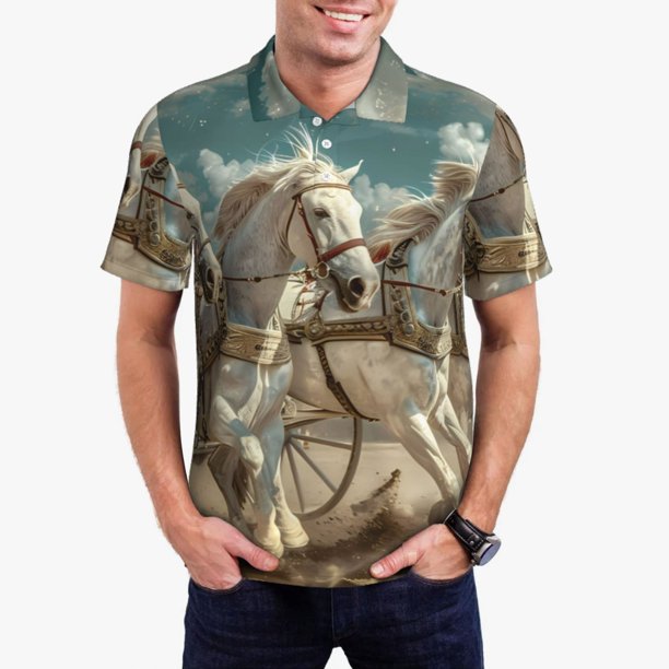 Balery Roman Chariot Horse Race Camisa Polo de Hombre con Estampado, de Manga Corta y Tejido Medio, Camisa Tipo Golf Polo-Large