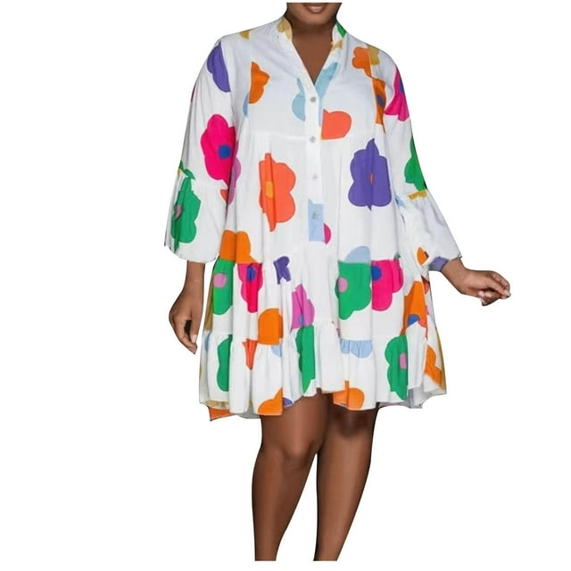Abcnature Robe Chemise Fluide à Col en V pour Femmes, Manches Longues, Imprimé Ample, Grande Taille, Mini Robe - Robe d'Été Élégante et Décontractée pour Femmes