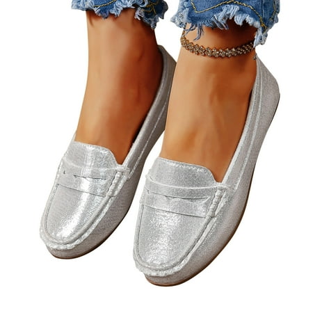 Lovskoo Women s Leather Flats Shoes Leisure Loafers Shoes Slip On Work Shoes Comfort Walking Shoes Silver