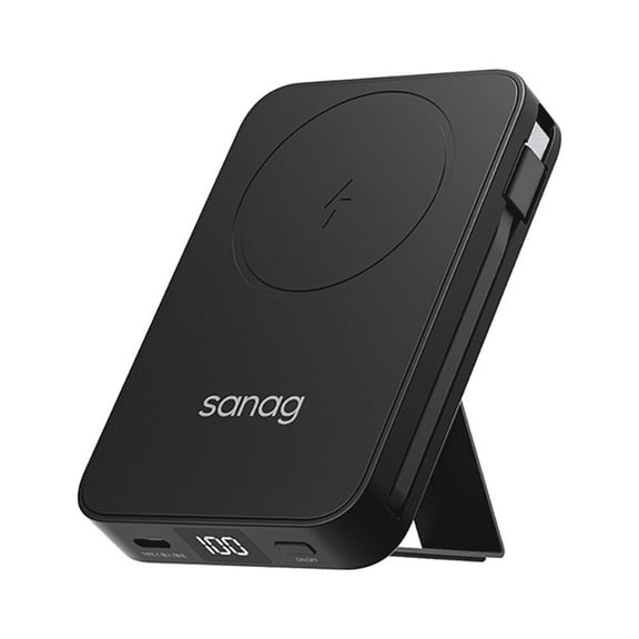 Sanag Power Bank with Built in Cables, Ultra Slim 10000mah Portable Charger PD 35W with LED Display and Foldable Stand Compatible with iPhone Android Smart Devices,Black