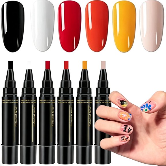 Professional Nail Polish Pens Set, 6 Colors Nail Polish Pens, Quick Dry Water Based Nail Polish Set, 5 ml Twist-Up Gel Nail Art Pens for DIY Manicure
