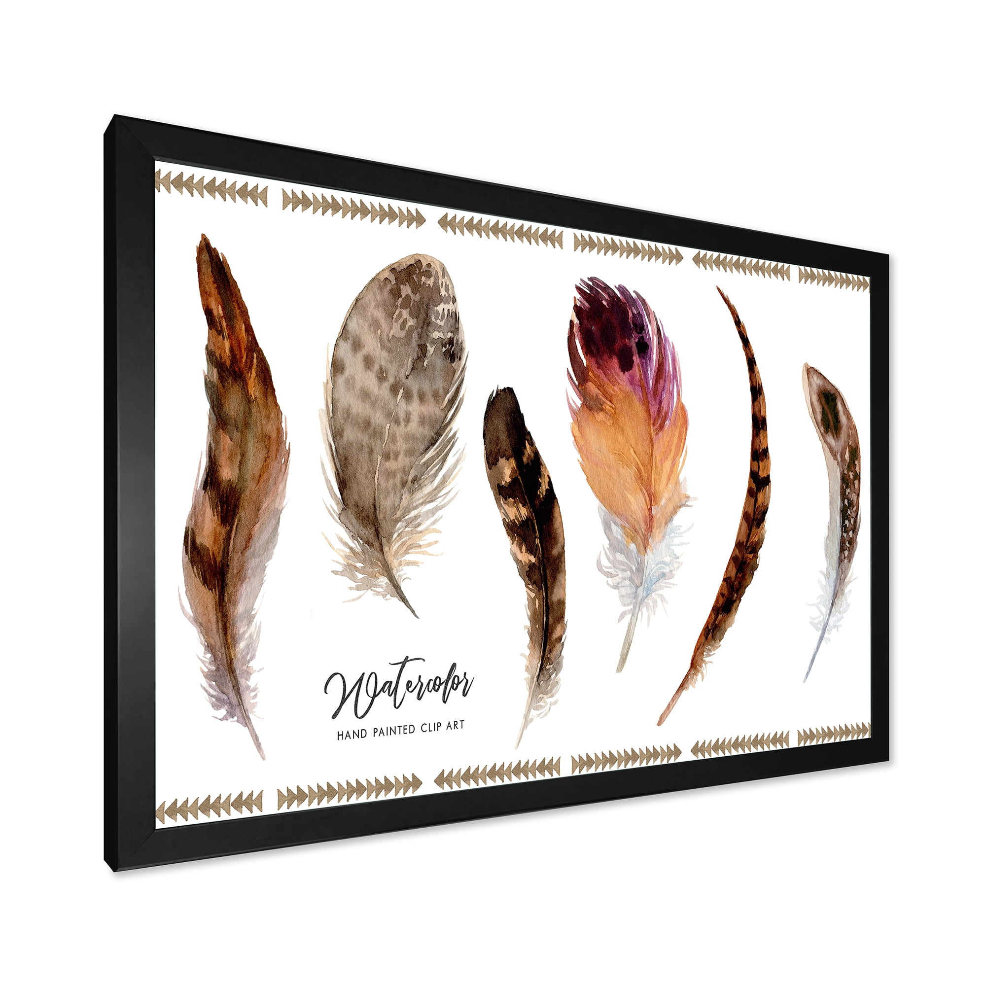 Designart 'Exotic Vibrant Boho Watercolor Feathers' Bohemian & Eclectic Framed Art Print
