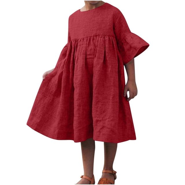 Tranfacy Robe d'Été pour Filles, Robe à Manches Courtes pour Filles, Robe Unie pour Enfants de Moyenne à Grande Taille, Robe Plissée Décontractée à Col Rond à Manches Mi-Longues