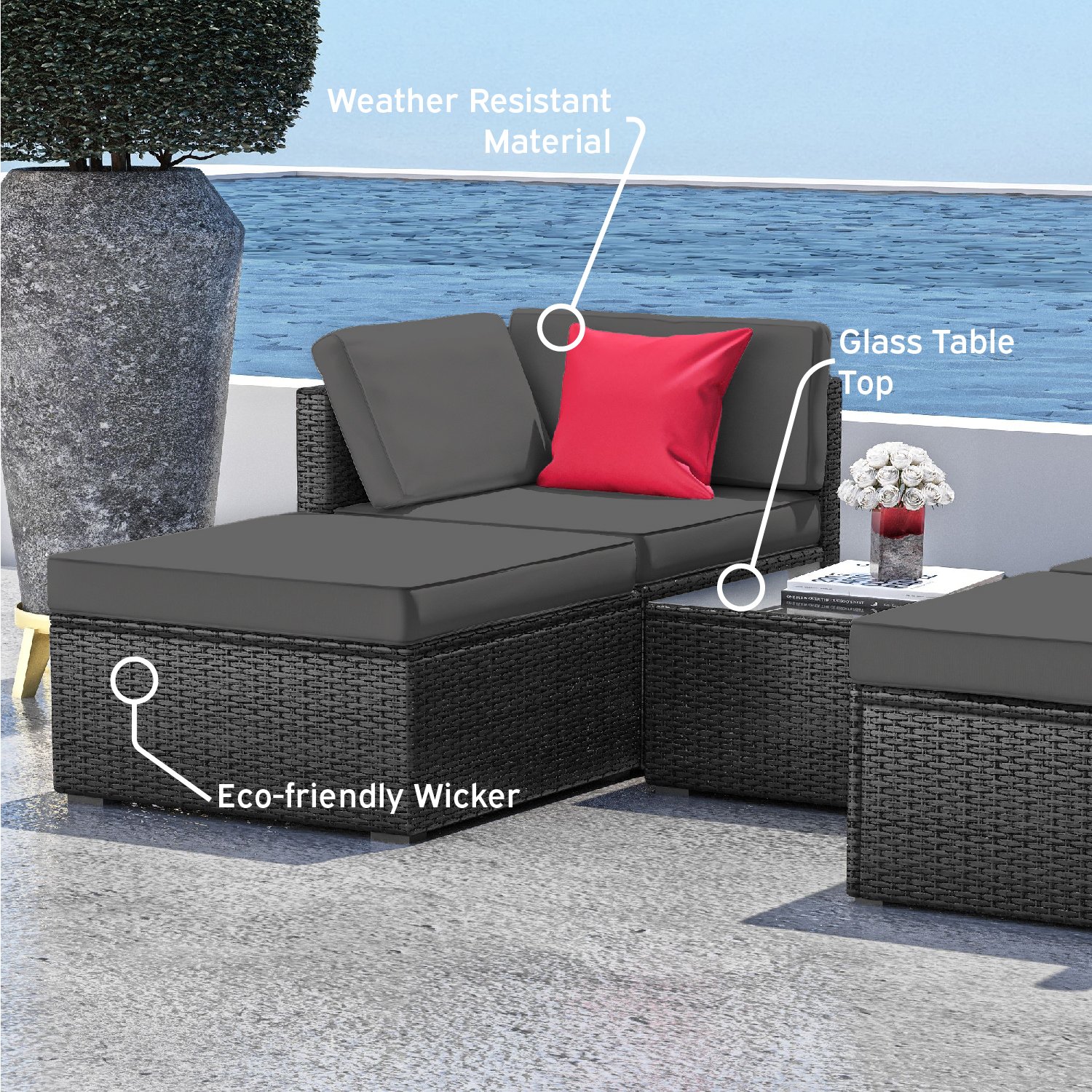 Hearth & Harbor 5-Piece Outdoor Furniture Sets, Wicker Sectional Patio Set, Black/Gray