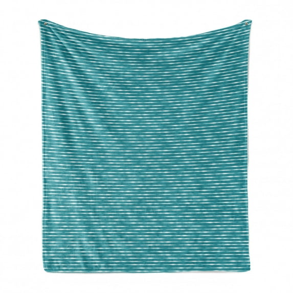 Teal Stripe Soft Flannel Fleece Blanket, Horizontal Wavy Lines in Monochrome Design Hand Drawn Like Design Pattern, Cozy Plush for Indoor and Outdoor Use, 50" x 60", Teal and White, by Ambesonne