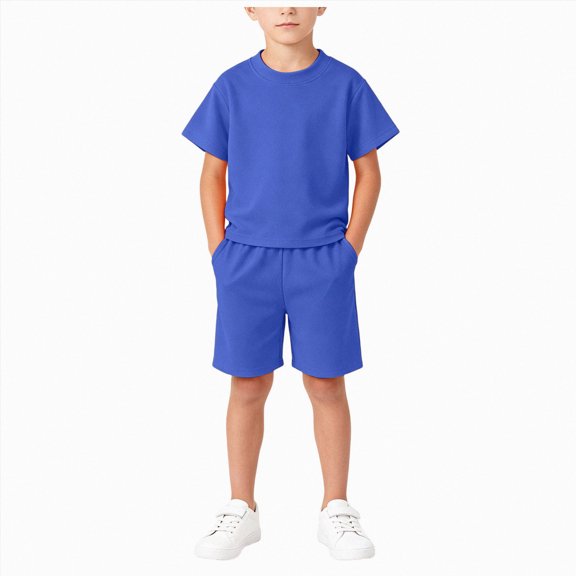 Linfrsh Boys Summer Athletic 2 Outfits Solid Color Performance Short Sleeve Casual Short Kids Clothing Set Blue,1-2 Years