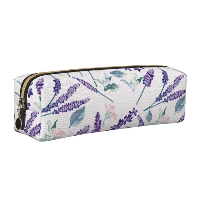 Balery Lavender Flowers Estuche de Lápices de Cuero Impreso, Estuche para Suministros de Arte, Estuche de Lápices con Cremallera, Estuche de Almacenamiento de Papelería