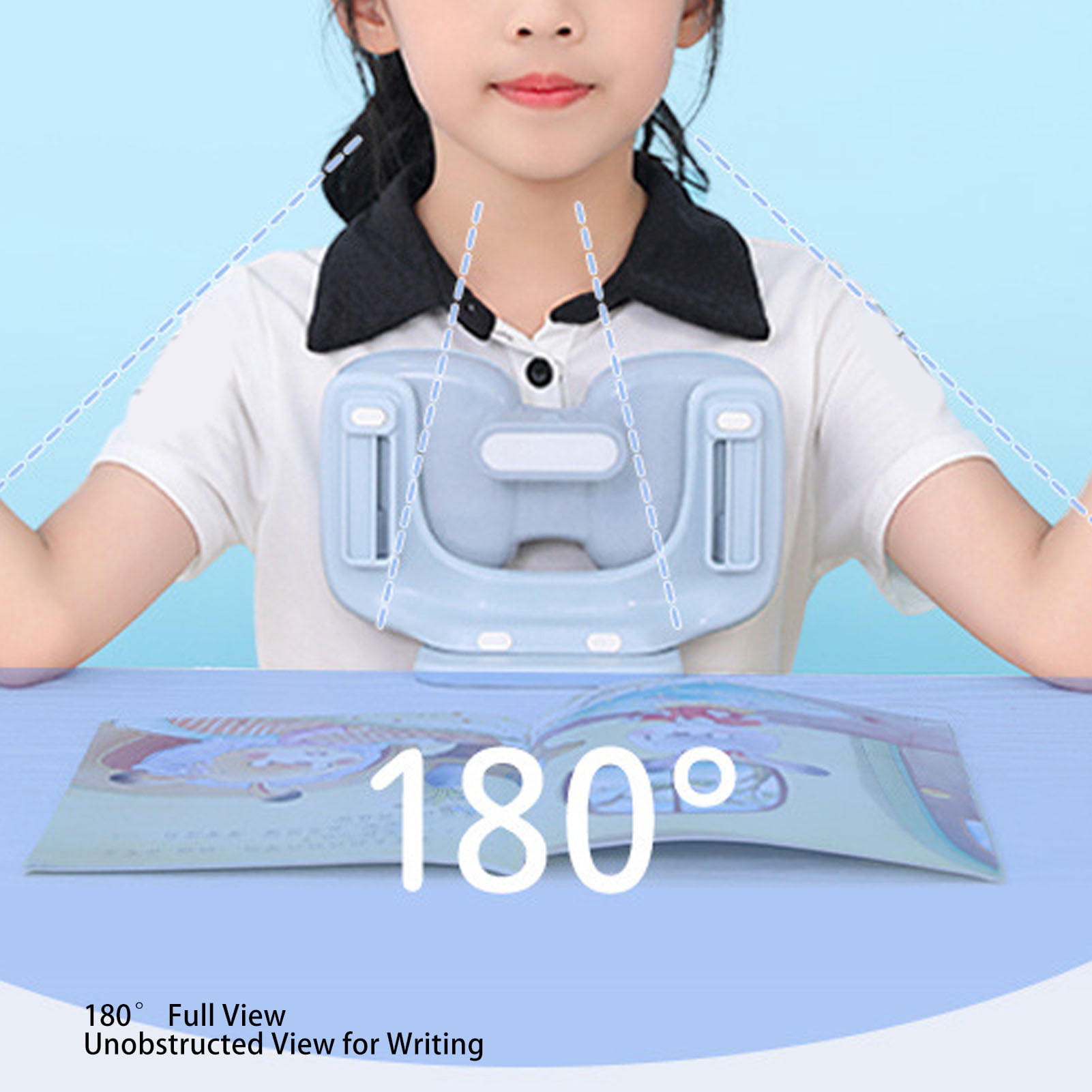 BIMZUC Kids Sitting Posture Reminder LED Light, Adjustable Children Writing Posture Corrector, Double Chest Support Vision Protector for Students, 7.87 x 7.48 x 3.54 inches, Sky Blue