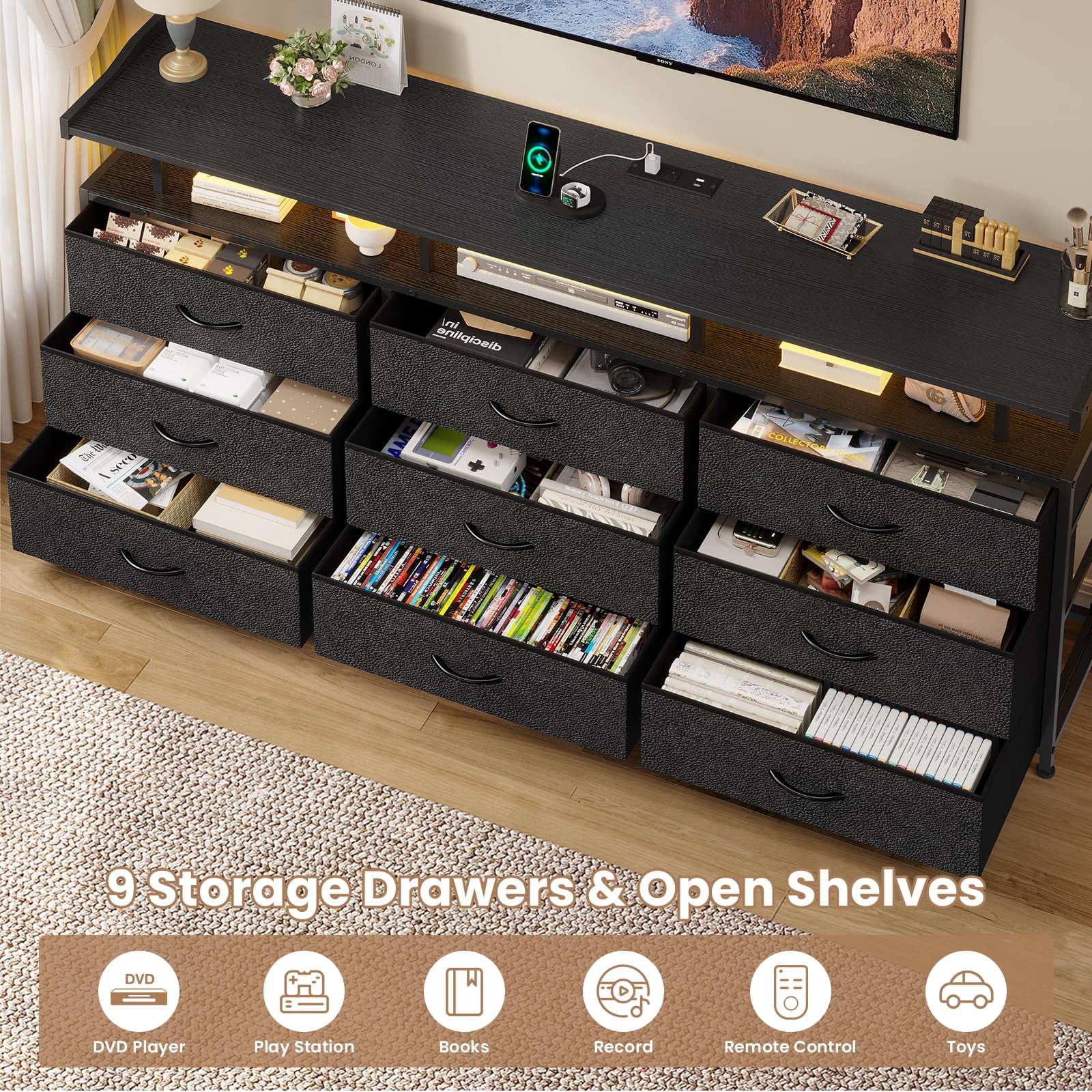 9 Drawers TV Stand Dresser for 65/75/50 inch TV, Entertainment Center, 63" W Large LED TV Stand with LED Lights & Power Outlets, TV Console for Bedroom,Black