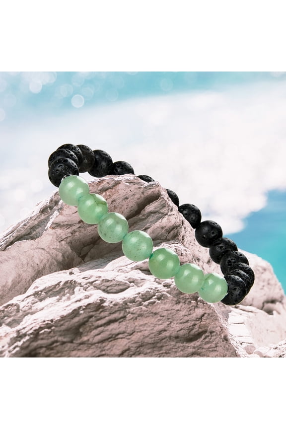 Sterling Silver with Natural Lava Beads, Green Aventurine and Silver Ball Stretchable Bracelet