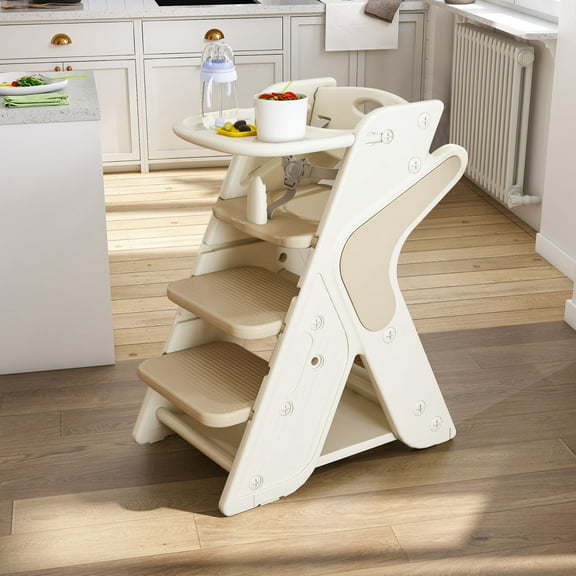 Toddler Standing Tower, Adjustable Height Toddler Step Stool with Safety Belt and Removable Dining Tray, Kids Kitchen Stool Helper, Charcoal