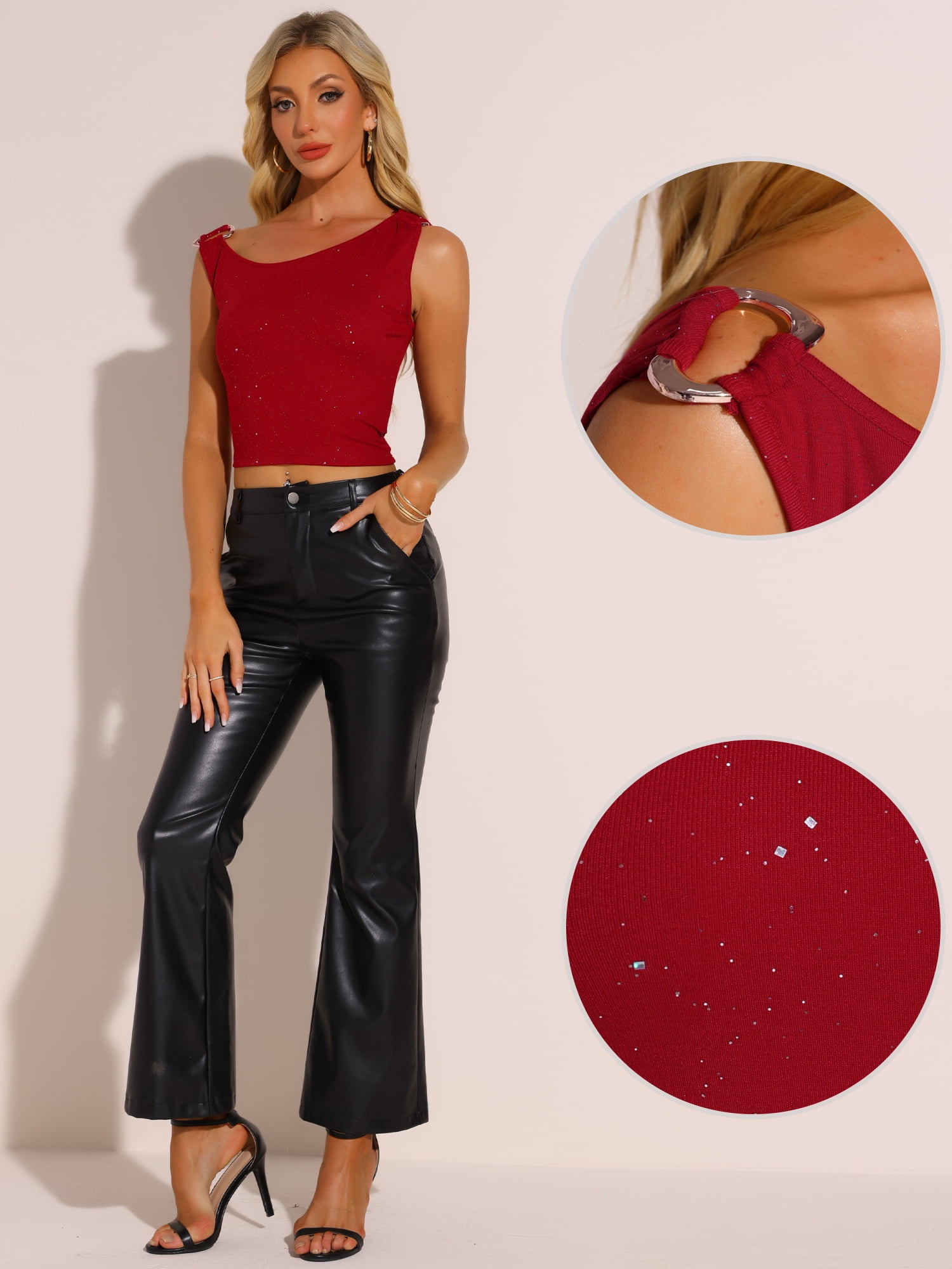 DARING DIVA Women's Sparkly Sleeveless Y2K Slim Fit Crop Top XL Red