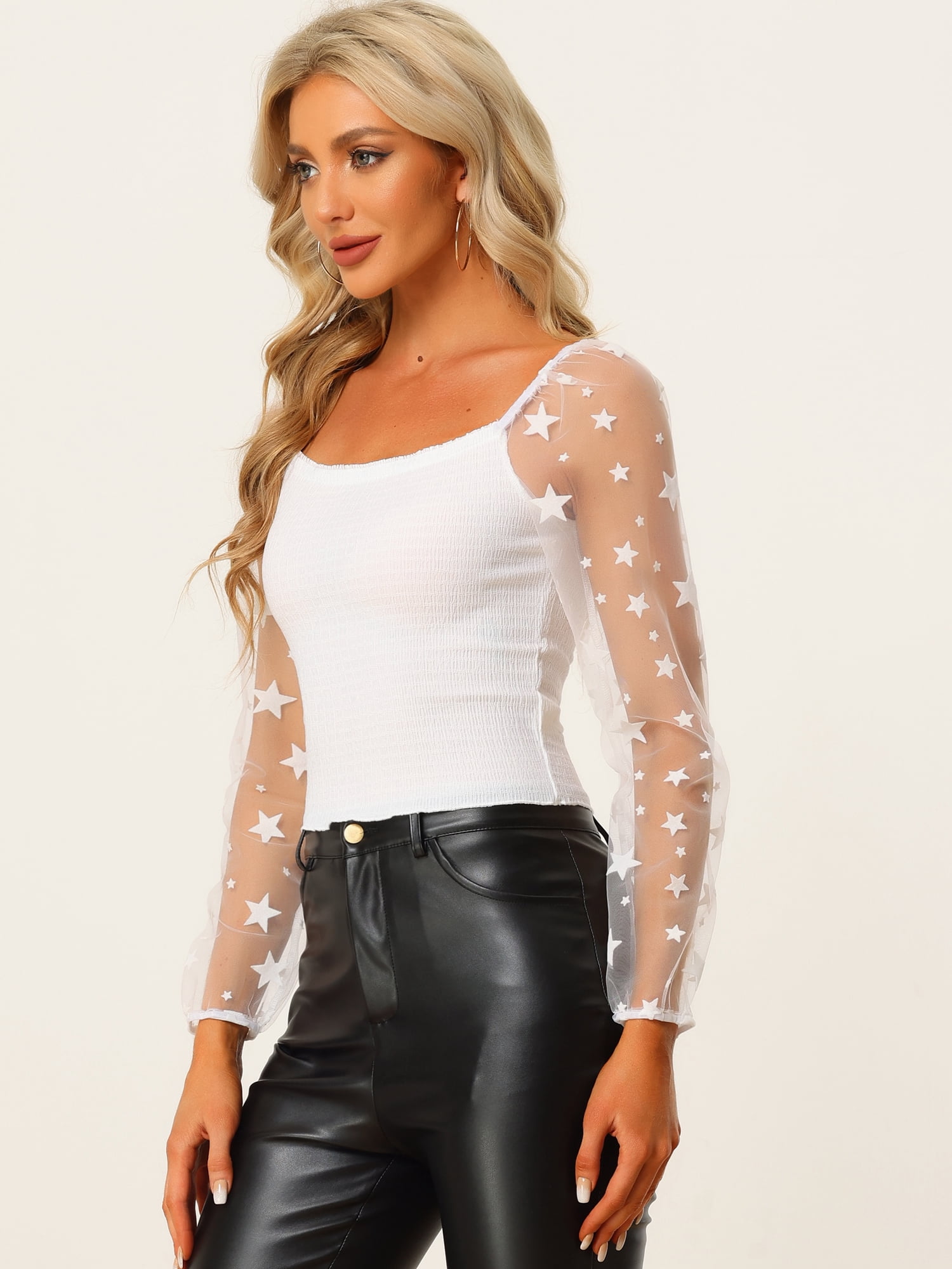 Women's Sheer Star Long Sleeve Square Neck Sexy Textured Gothic Crop Top S White