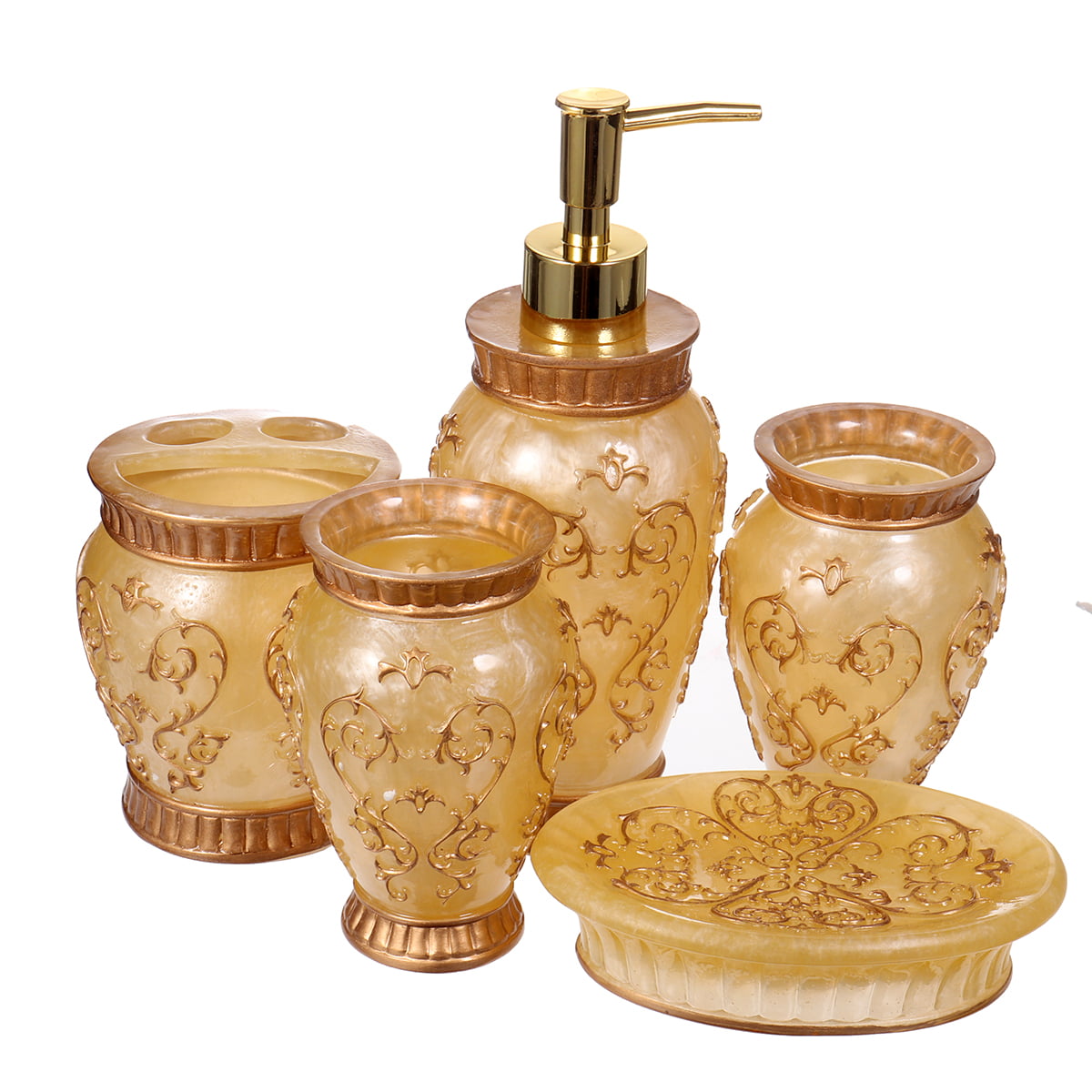 New Rose gold Bathroom 5pcs Bath Accessory Set Soap Dispenser Dish Glass+Brass 