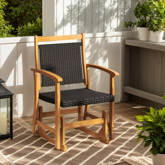 Yardi Yarda Patio Rattan Glider Chair, Patio Rocking Chair with Acacia Wood Frame and Wicker Seat Back for Outdoor as Yard, Black