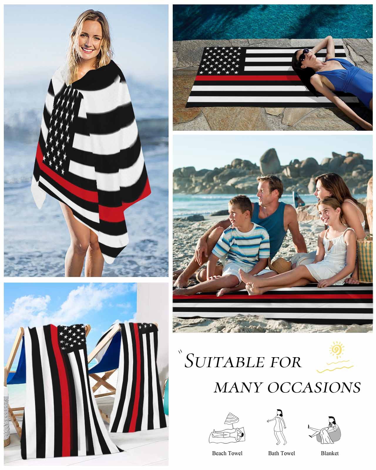 Red American Flag Beach Towels Oversized Super Absorbent, Black White Striped US Flag Stars Lightweight Bath Towel Quick Dry Sets For Bathroom/Pool/Rv Camping/Beach Play/Gym Room/Picnic 23"x47"