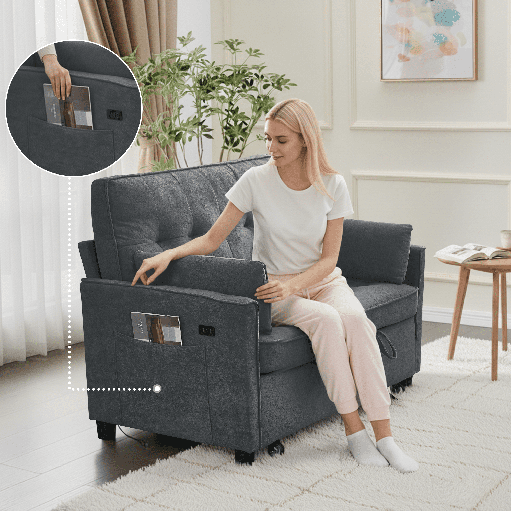 Convertible Sofa Bed,55" 3-in-1 Sleeper Sofa with Pull Out Bed,Sleeper Couch Loveseat with Adjustable Backrest,USB Charging Ports & Side Pockets for Living Room,Apartment,RV,Easy Assembly,Dark Grey
