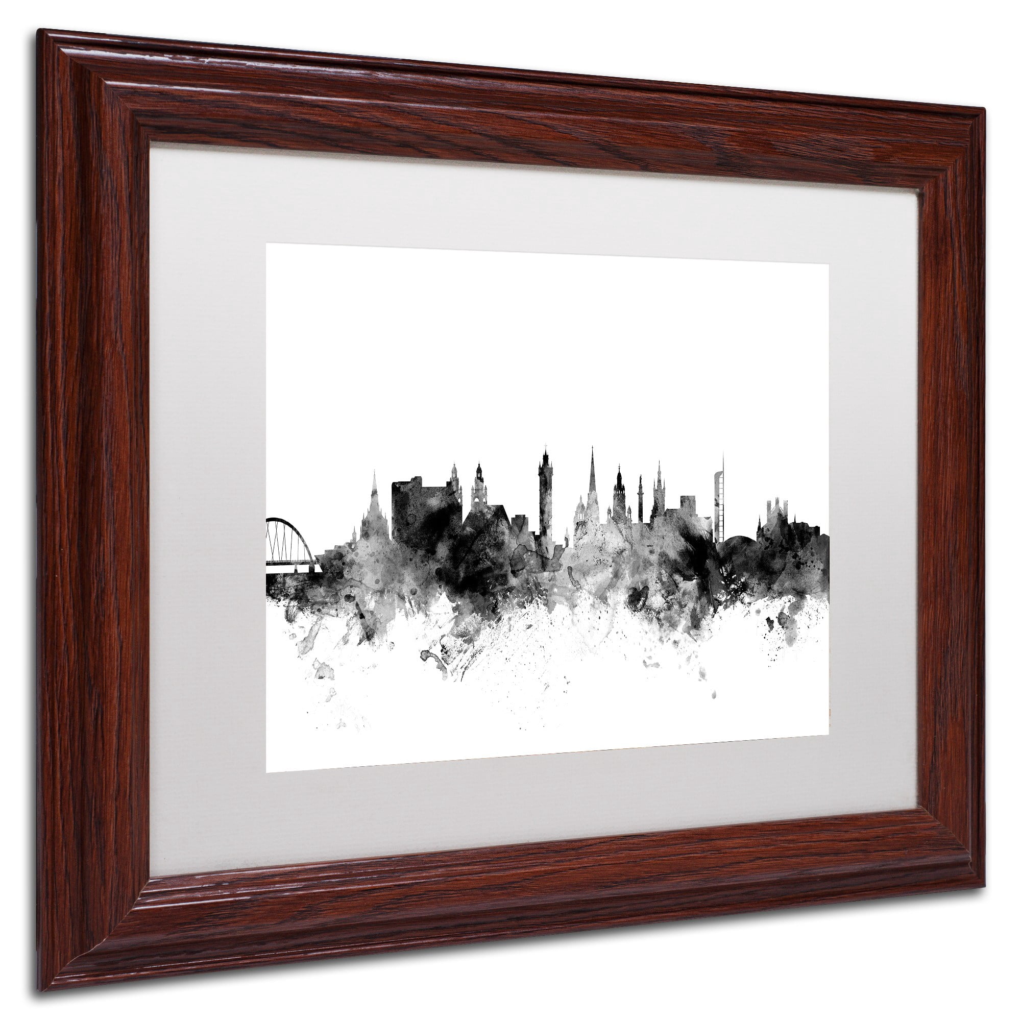 Trademark Fine Art "Glasgow Scotland Skyline B&W" Canvas Art by Michael Tompsett, White Matte, Wood Frame