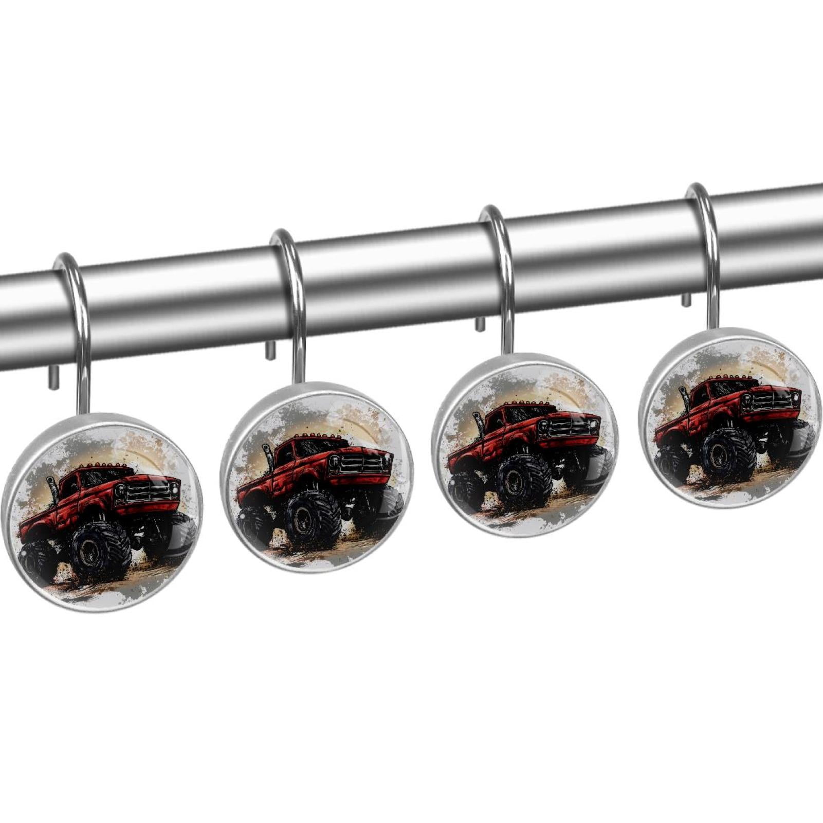 Watercolor Red Monster Car Shower Curtain Hooks Round Crystal Glass, Set of 12 Shower Curtain Rings - Shower Hooks for Curtain Shower Rings