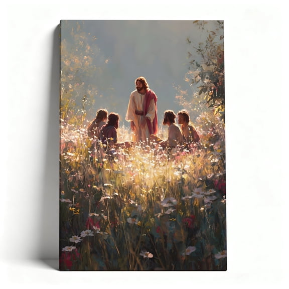 Jesus Teaching Disciples In Wildflower Field Canvas Wall Art, Inspirational Christian Religious Decor, Classic Biblical Scene Artwork For Bedroom, Living Room, Church, Ready To Hang 8*12inch(20*30cm)