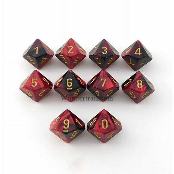 black and red gemini dice with gold numbers d10 16mm (5/8in) pack of 10 dice chessex