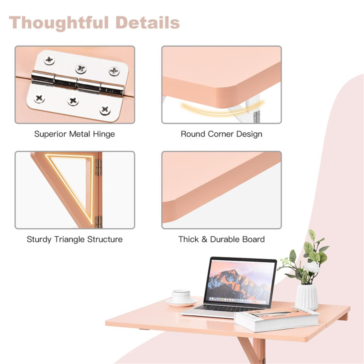 Demi Bonn 31.5" Wall Mounted Folding Table for Small Spaces, Laptop Workstation Desk for Laptops, Books, Tablets, and Art, Pink