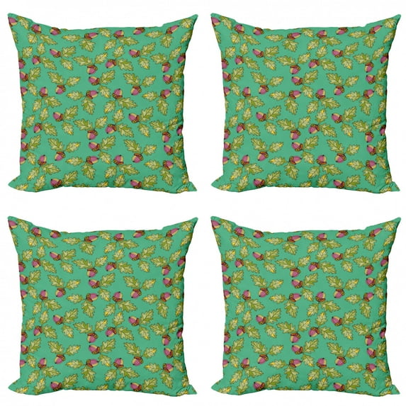 Forest Throw Pillow Cushion Case Pack of 4, Graphical Layout of Botanical Jungle Elements Acorns and Oak Leaves, Modern Accent Double-Sided Print, 4 Sizes, Sea Green and Multicolor, by Ambesonne