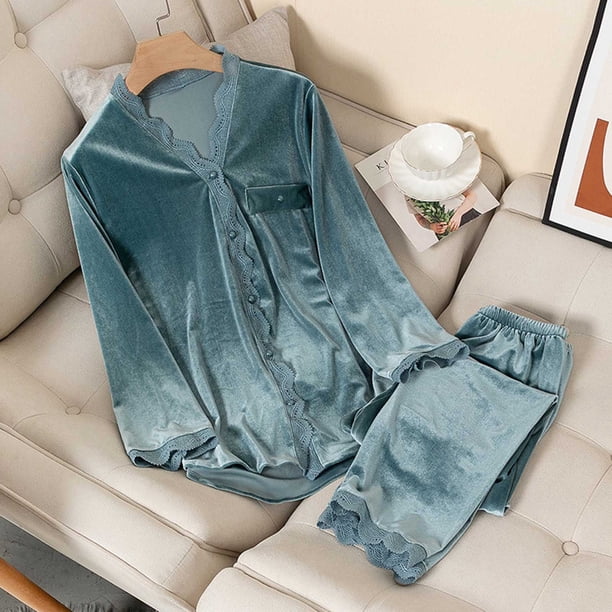 Puntoco Pijamas para mujer, moda para mujer, cuello en V, color sólido, encaje, lazo, hebilla, bolsillo, mangas largas, blusas, pantalones, cintura elástica, conjunto de pijama