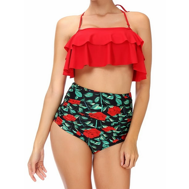 LELINTA Juniors' Bandage Hight Waist Halter Bikini Set Ruffle Tops Swimsuit  Bathing Suit Swimwear Beach Dress
