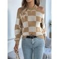 thumbnail image 2 of Women'S Color Block Checkered Off-Shoulder Long Sleeve Y2K Plaid Knitted Pullover Sweater Tops Vintage Sweater Khaki M, 2 of 8