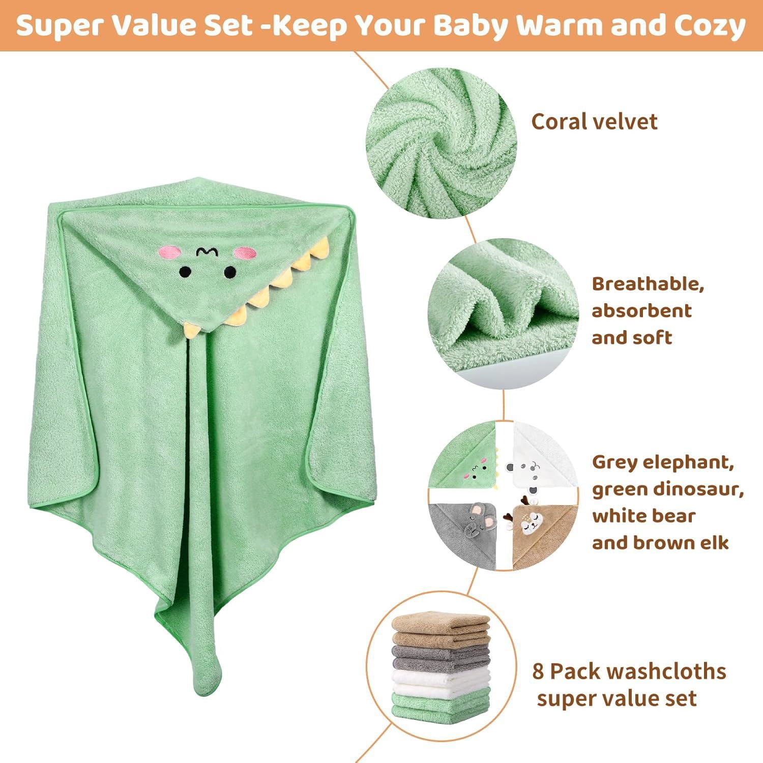 Baby Bath Towels Set for Infants Toddlers, 4 PCS Animal Hooded Baby Towels , Ultra Absorbent Cute Soft Newborn Essentials Gift for Boys & Girls