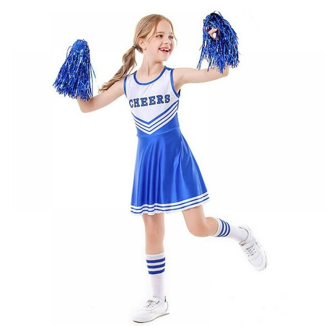 Girls Kids Cheerleader Uniform Dance Dress with Knee Socks Match Pom poms Set