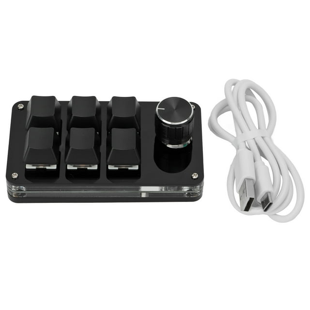 Teclado mecánico multifunción de una mano con 6 teclas, miniteclado para juegos, programable con acceso directo y perilla (negro mate y negro brillante).
