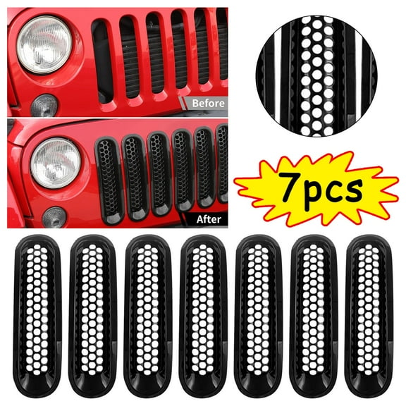 ReTeiv 7Pcs Front Grille Grill Mesh Insert For JK JKU Sport Freedom Rubicon Sahara Unlimited 2007-2017 Black