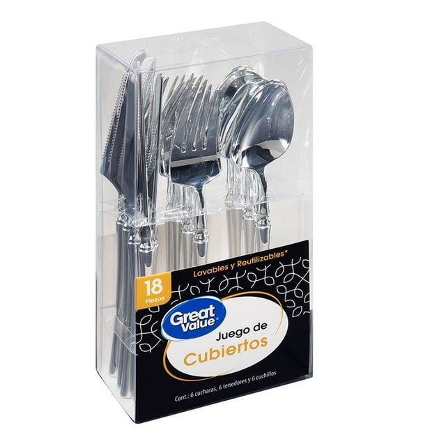 Set de cubiertos Great Value lavables y reutilizables plata premium 18 piezas en empaque transparente que incluye 6 cuchillos, 6 tenedores y 6 cucharas con acabado metálico brillante, aptos para uso diario y reuniones, también adecuados para eventos al aire libre.