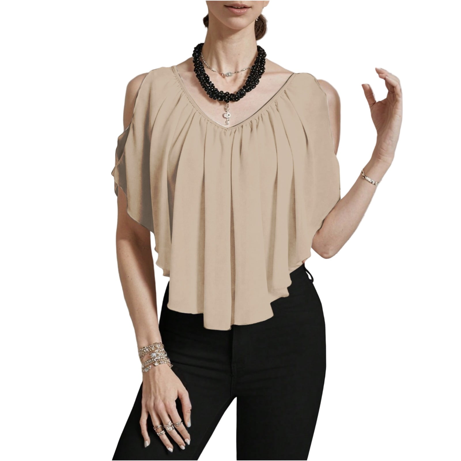 TrdSipl Cold Shoulder Going Out Tops for Women Ruched V Neck Tops