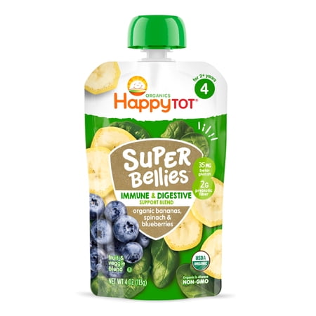 (8 POUCHES) HAPPY TOT SUPER BELLIES, STAGE 4, ORGANIC TODDLER FOOD, BANANAS, SPINACH, & BLUEBERRIES, 4 OZ
