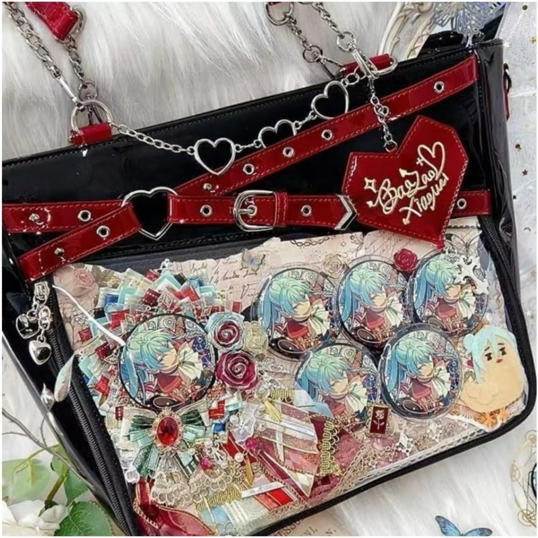 Love-Chains Ita Bag Pins Display Single Shoulder Crossbody Bag PU Leather Big Capacity Handbag Chain Clear Purse with Insert