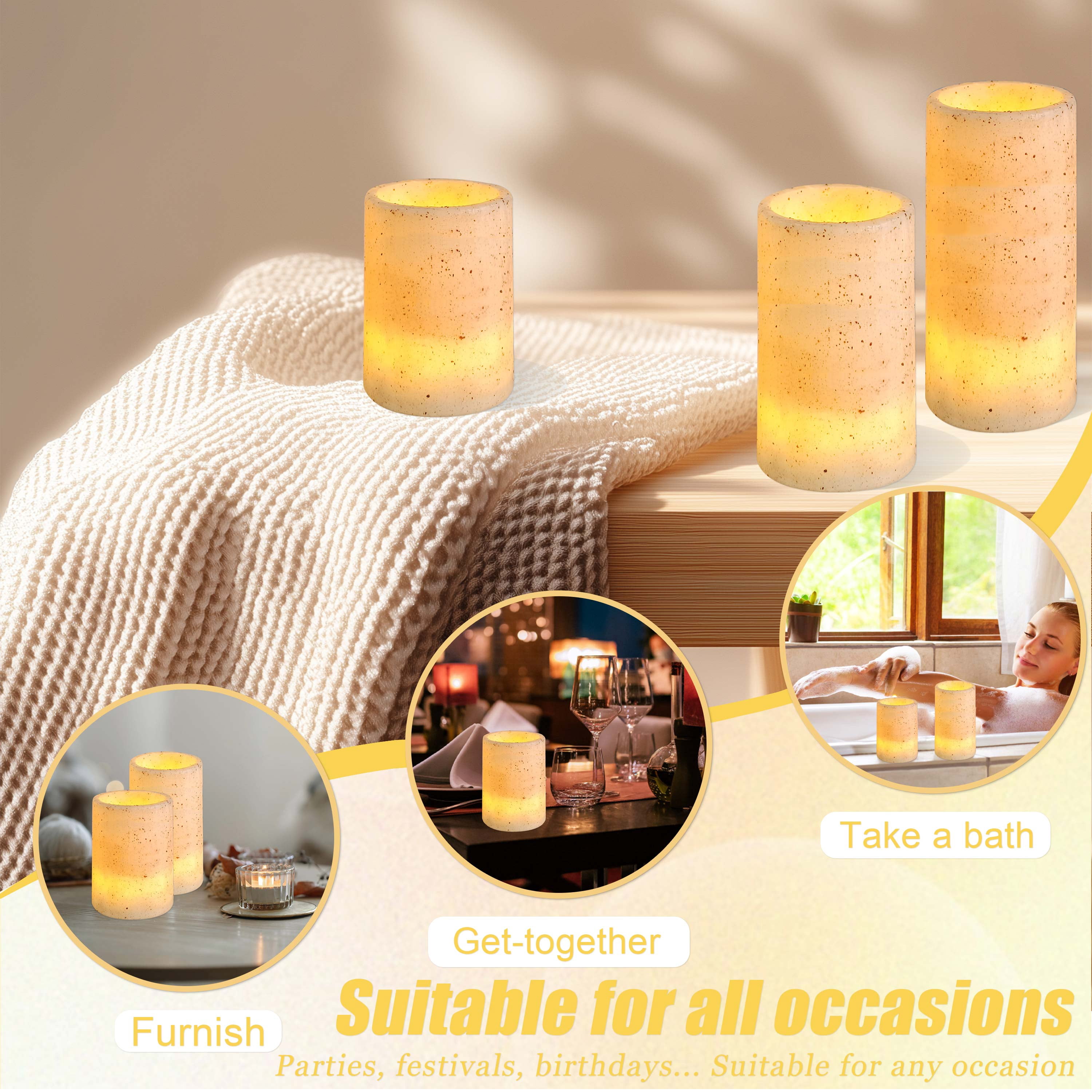 FCMSHAMD Flickering Flameless Candles with Remote Timer, 4" 5" 6" Realistic 3D Flame Retro countryside Pillar LED Candles,Battery Operated Candles for Wedding Home Decoration, Christmas,3 Pack