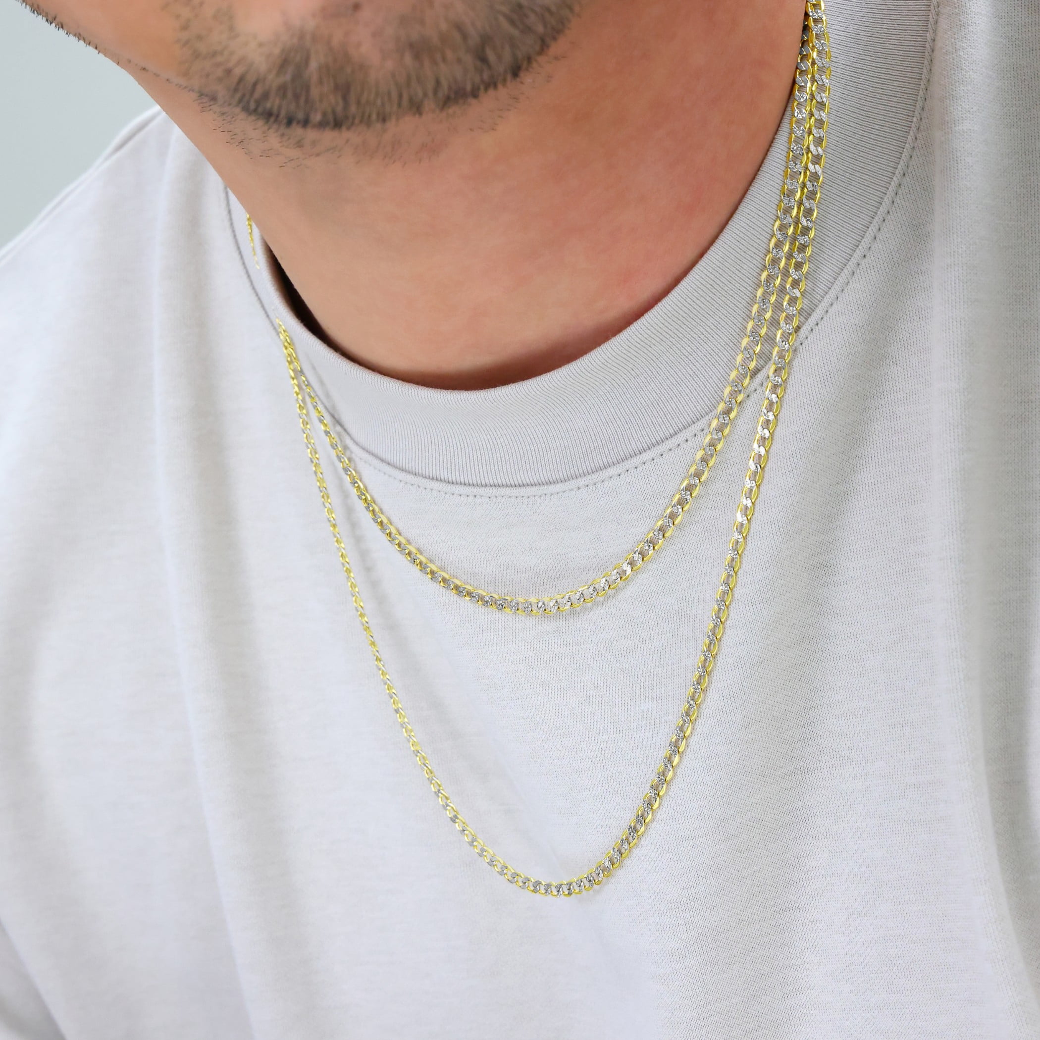 Nuragold 10k Real Yellow Gold Cuban Curb Link 3.5mm Diamond Cut Pave Chain Necklace (16"-30") Two Tone Italian Jewelry for Men & Women