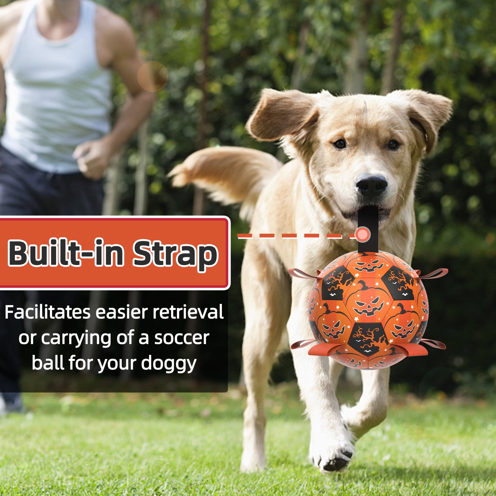 QDAN Halloween Dog Toys Soccer Ball with Straps, Interactive Dog Toys for Small Medium Large Dogs, Orange & Black, 7inch
