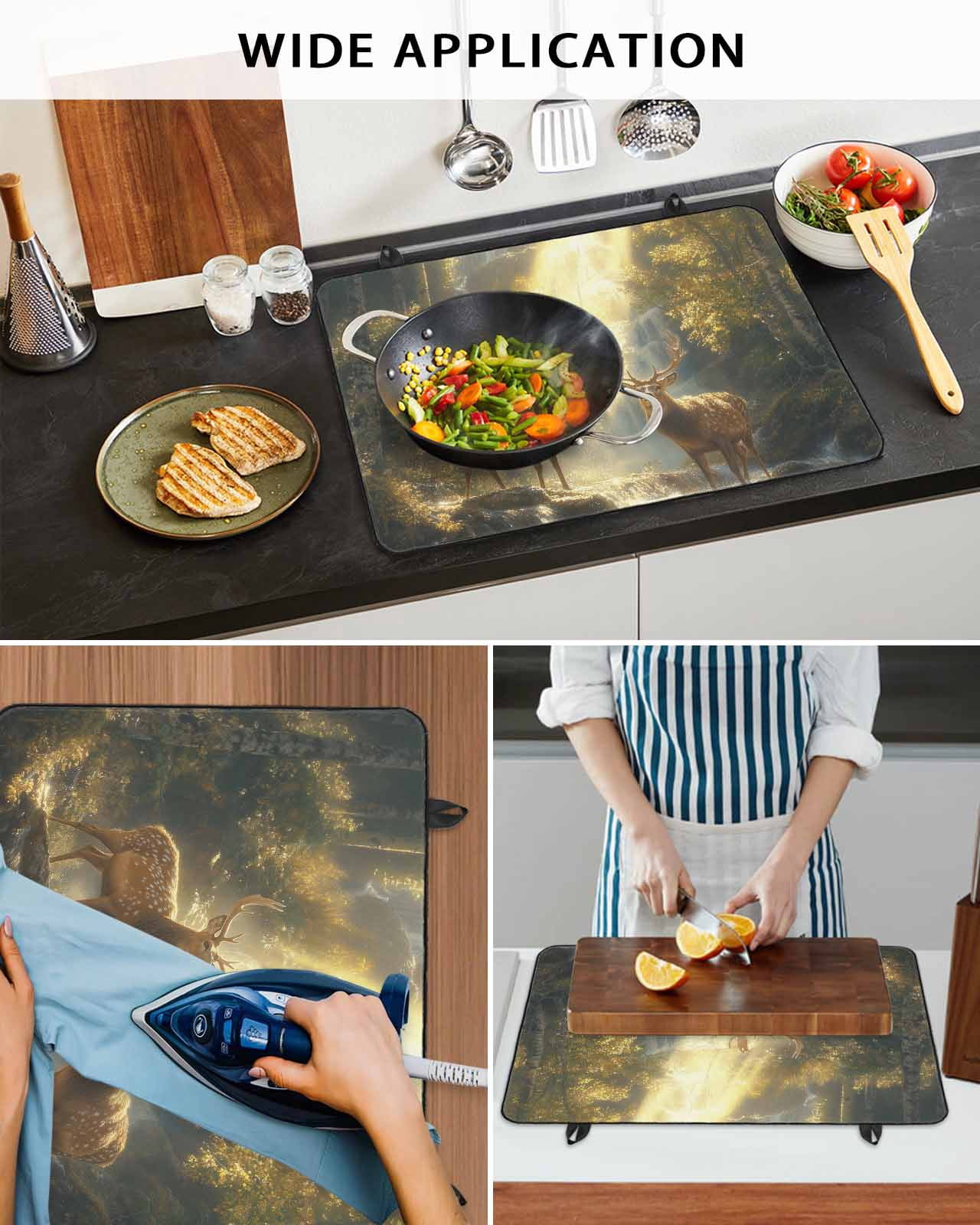 nqOlkjepod Large Induction Cooktop Protector Mat 24"x21", Golden Forest Deer Stove Top Covers for Electric Stove, Fantasy Vintage Nature Scenery Stove Burner Cover Mats, Glass Top Stove Cover