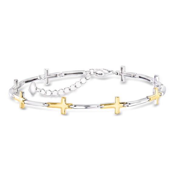 Ross-Simons Sterling Silver and 18kt Gold Over Sterling Cross Bracelet, Women's, Adult